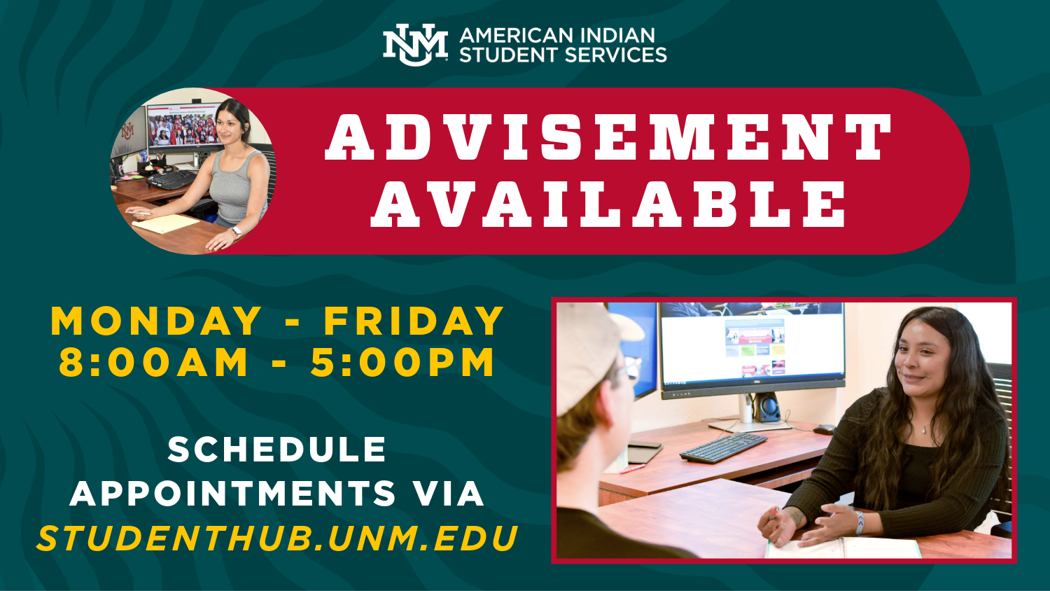 aiss advisor ready to advise students. schedule with them on student hub.