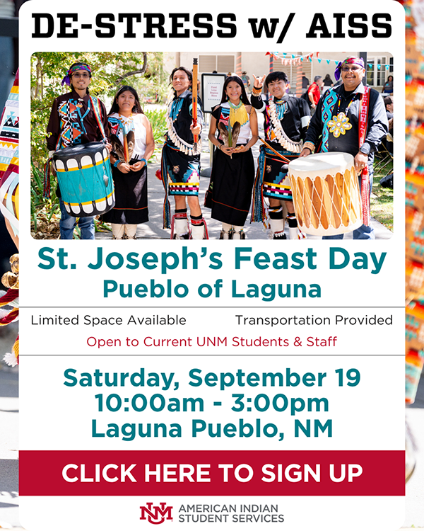 Pueblo dance group w/ drummers advertising the sign up for the De-stress w/ AISS Laguan Feast Trip.